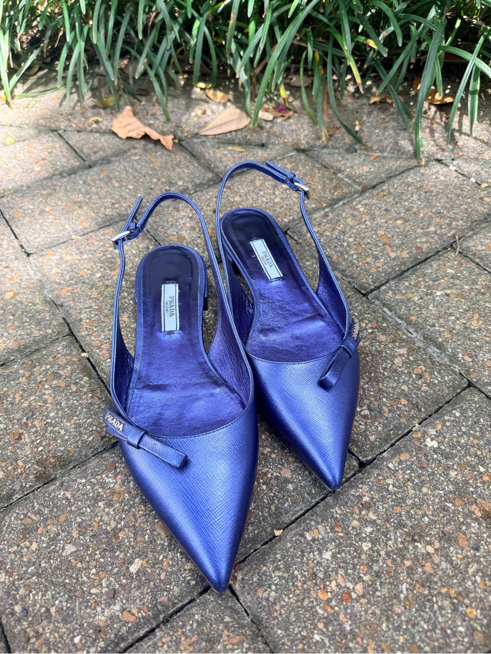 Prada Metallic Navy Pointed Slingback Mules